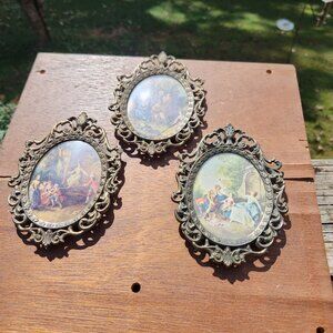 Set Of 3 Victorian Italian Oval Miniature Prints In Ornate Metal Frames 5" Tall